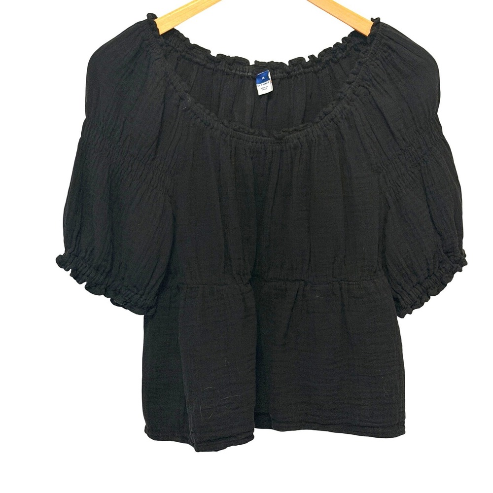 Old Navy Peasant Top Sz M Black Gauze Puff Sleeve Peplum Blouse Boho